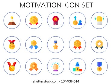 motivation icon set. 15 flat motivation icons.  Collection Of - peak, medal, medals, benefits, determination, career promotion