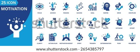 motivation icon set collection in solid glyph style. an icon pack contain inspire,goal,drive,success,achieve,passion,focus