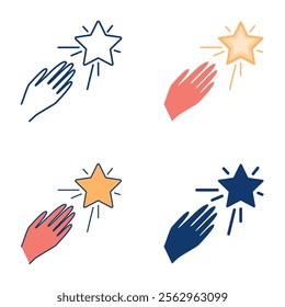Motivation icon set in flat and line style. Hand trying to reach for the stars. Vector illustration