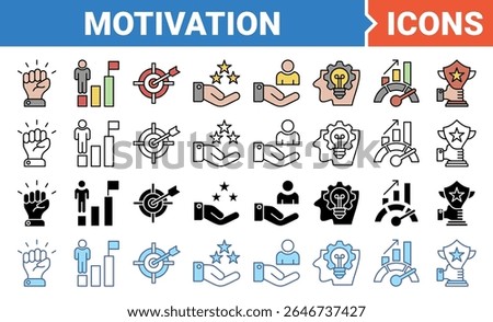 Motivation icon set with multiple style collection.