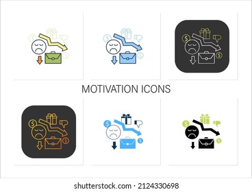 Iconos de motivación establecidos.Reduzca la motivación del trabajo. Problemas de trabajo. Trabajadores descontentos. Disminución de la eficiencia.Ingresos básicos universales.Recopilación de iconos en estilos lineales, rellenos, de color.Iconos vectoriales aislados
