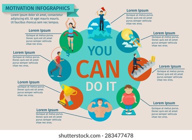 Motivation infographics set with flat efficiency competition concentration and teamwork performance symbols vector illustration