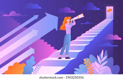 Motivación y concepto de inspiración. Una chica con un telescopio en las manos sube las escaleras, simbolizando el camino hacia el objetivo y el éxito. Ilustración vectorial de dibujos animados planos.