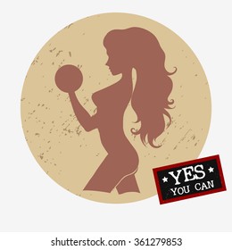 Motivation and inspiration fitness poster with grunge texture. Yes You Can. Girl with dumbbells. For logo, T-shirt design, banner, poster, gym, bodybuilding or fitness club.