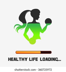 Motivation and inspiration fitness poster. Healthy life loading. Girl with dumbbells. Can be used for fitness/ sport logo and label.