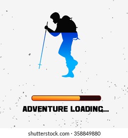 Motivation and inspiration poster. Tourist with a backpack.  Adventure loading. Print for T-shirts and bags, poster, decor, greeting and postal cards. For logo and label
