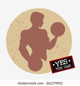 Motivation and inspiration poster. Yes You Can. Man with dumbbells. Can be used as Template for fitness/ sport  logo and label