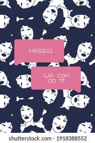 Motivation and inspiration posters with abstract shape, girl portrait in doodle style. Illustration in minimalistic style. Editable vector illustration 