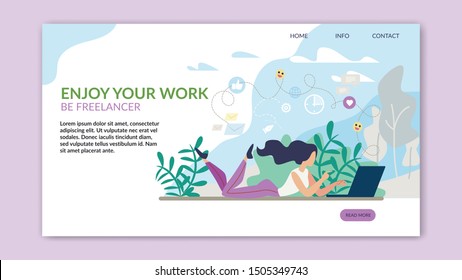 Motivation Landing Page Offering Freelance Work. Metaphor Template. Application for People Enjoy Remote Job. Cartoon Woman, Student Working on Laptop on Natural Backdrop. Vector Flat Illustration