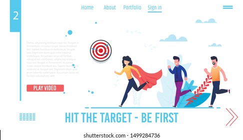 Motivation Landing Page for Video Business Courses, Coaching, Training. Hit Target and Be First. Cartoon Woman in Super Hero Red Cloak and Two Men Running after Characters. Vector Flat Illustration