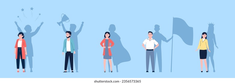 Motivation leader. Confidence and bravery fearless female and male characters. Abstract powerful people shadows, leadership recent vector concept