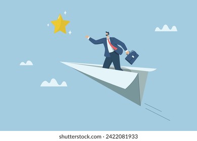 Motivation leads to success, Trying or creating hope for success in business and career, Businessman on a paper plane and reaching out to grab the stars. Vector design illustration.