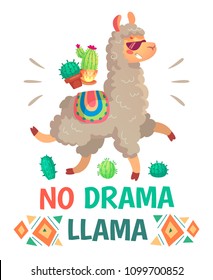 Motivationsschrift mit No Drama Lama. Schillernde lustige Doodle alpaca oder peru Symbol Lama mit Sonnenbrille, Kaktus. Cartoon-Kinder, einzelne Illustration