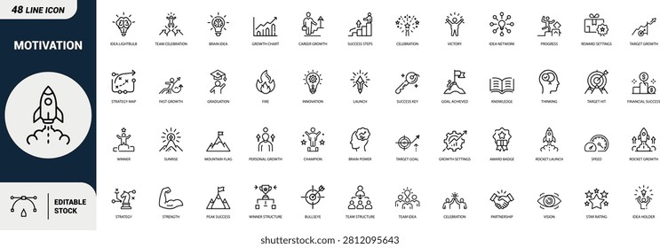 Motivation line art icons set rocket launch, growth chart, brain idea, target goal, trophy, success steps, career growth, victory Web icon, App icon, Outline icon, Editable stroke, line art, Vector EPS