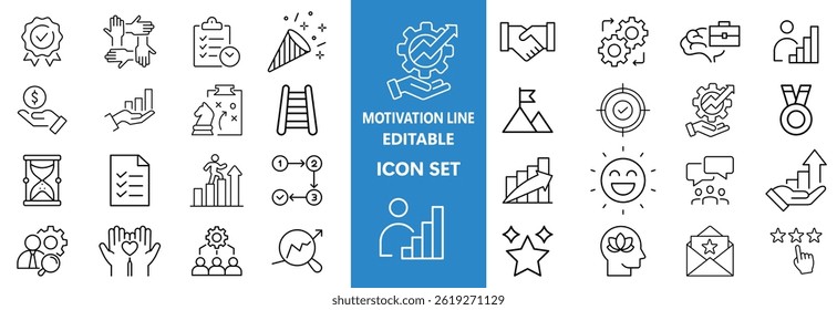 Motivation line editable icon set. Containing personal growth, goal setting, perseverance, achievement, teamwork, passion, thumbs up, and more. Vector illustration