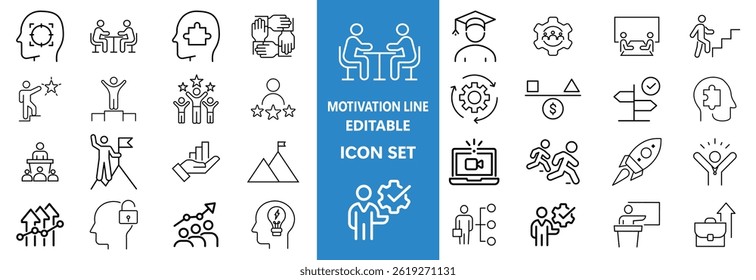 Motivation line editable icon set. Containing personal growth, goal setting, perseverance, achievement, teamwork, passion, thumbs up, and more. Vector illustration