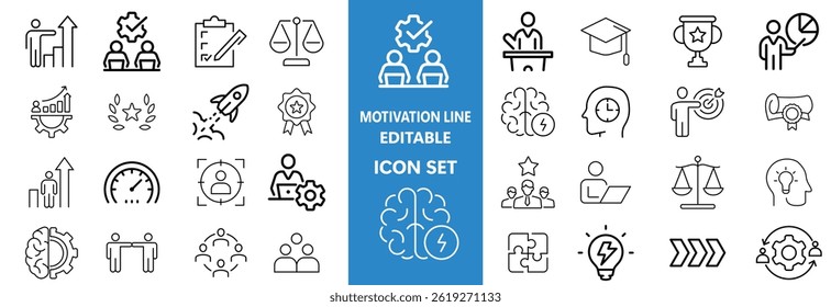 Motivation line editable icon set. Containing personal growth, goal setting, perseverance, achievement, teamwork, passion, thumbs up, and more. Vector illustration