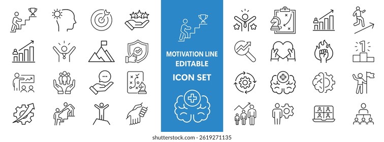 Motivation line editable icon set. Containing personal growth, goal setting, perseverance, achievement, teamwork, passion, thumbs up, and more. Vector illustration