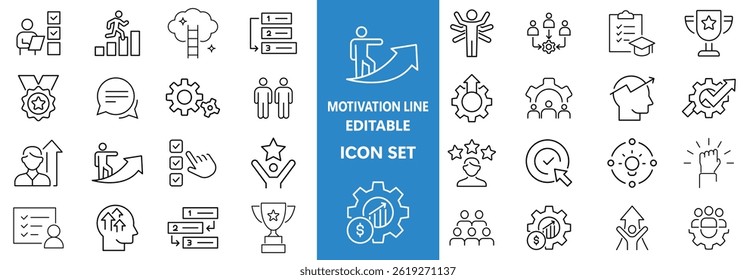 Motivation line editable icon set. Containing personal growth, goal setting, perseverance, achievement, teamwork, passion, thumbs up, and more. Vector illustration