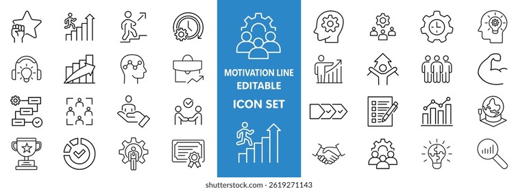 Motivation line editable icon set. Containing personal growth, goal setting, perseverance, achievement, teamwork, passion, thumbs up, and more. Vector illustration