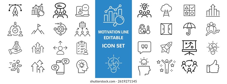 Motivation line editable icon set. Containing personal growth, goal setting, perseverance, achievement, teamwork, passion, thumbs up, and more. Vector illustration