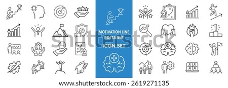 Motivation line editable icon set. Containing personal growth, goal setting, perseverance, achievement, teamwork, passion, thumbs up, and more. Vector illustration