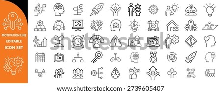 Motivation line editable icon set. Containing personal growth, goal setting, perseverance, achievement, teamwork, passion, thumbs up, and more. Vector illustration