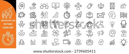 Motivation line editable icon set. Containing personal growth, goal setting, perseverance, achievement, teamwork, passion, thumbs up, and more. Vector illustration