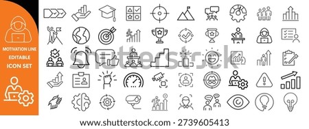 Motivation line editable icon set. Containing personal growth, goal setting, perseverance, achievement, teamwork, passion, thumbs up, and more. Vector illustration