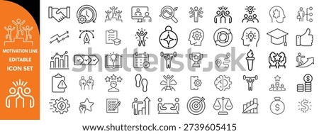 Motivation line editable icon set. Containing personal growth, goal setting, perseverance, achievement, teamwork, passion, thumbs up, and more. Vector illustration