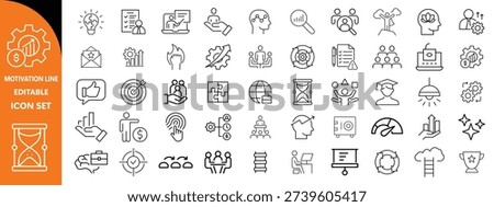 Motivation line editable icon set. Containing personal growth, goal setting, perseverance, achievement, teamwork, passion, thumbs up, and more. Vector illustration