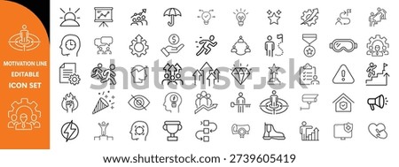 Motivation line editable icon set. Containing personal growth, goal setting, perseverance, achievement, teamwork, passion, thumbs up, and more. Vector illustration