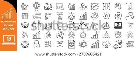 Motivation line editable icon set. Containing personal growth, goal setting, perseverance, achievement, teamwork, passion, thumbs up, and more. Vector illustration