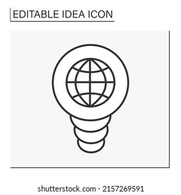  Motivation line icon. Globe inside lightbulb. International communication.Plan, strategy. Idea concept, Isolated vector illustration. Editable stroke