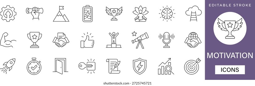 Conjunto de ícones de linha de motivação com crescimento pessoal, definição de metas e símbolos de rastreamento de hábito. Ideal para aplicativos de orientação de vida, cartazes de RH e mídias sociais. Vetor editável