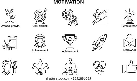 Motivation line icon set. Vector pictograms of personal growth, goal setting, perseverance, achievement, rocket launching, teamwork, passion, thumbs up thin linear 