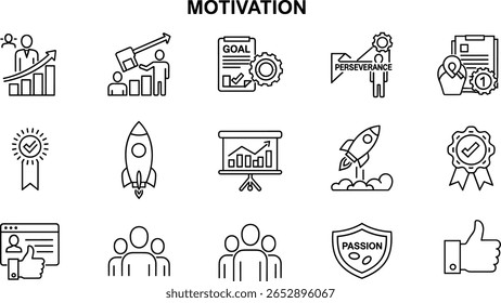 Motivation line icon set. Vector pictograms of personal growth, goal setting, perseverance, achievement, rocket launching, teamwork, passion, thumbs up thin linear 