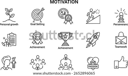 Motivation line icon set. Vector pictograms of personal growth, goal setting, perseverance, achievement, rocket launching, teamwork, passion, thumbs up thin linear 