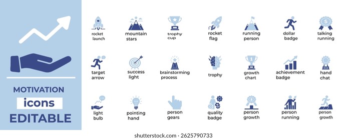 Motivation line icons for goals, mindset, and success themes. Clean, editable vector set ideal for branding and design.