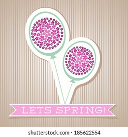 Motivation list design with balloons. Illustration with abstract flowers in balloons and banner. Spring theme. Striped background. Motivation text. Vector file is EPS8, all elements are grouped.
