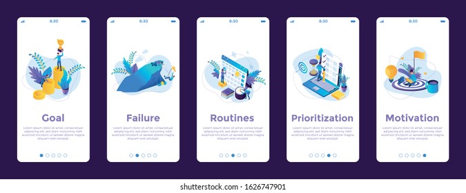 Motivation mobile app onboarding flow. Web site screens for mobile app development. GUI, UX, UI vector illustration template. Web design, graphic steps design concept for smart phone application.