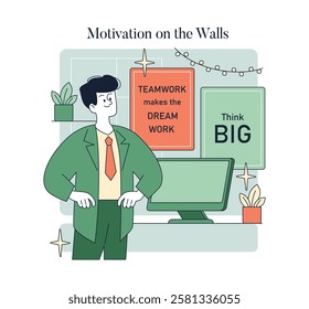 Motivation on the Walls concept. This illustration captures the essence of inspiration in a workspace, emphasizing messages like "TEAMWORK makes the DREAM WORK" and "Think BIG." It conveys a positive