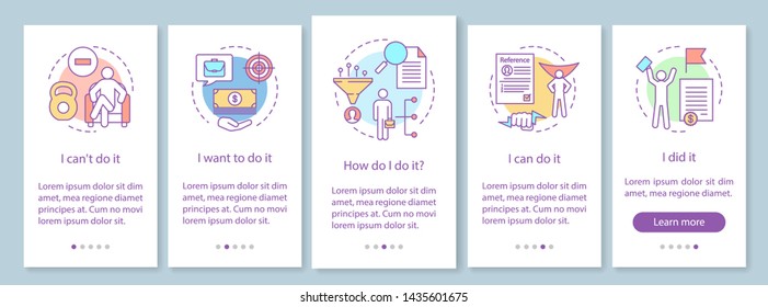 Motivation onboarding mobile app page screen vector template. Goal achieving, problem solving. Getting job, skills improvement. Website step. UX, UI, GUI smartphone interface concept