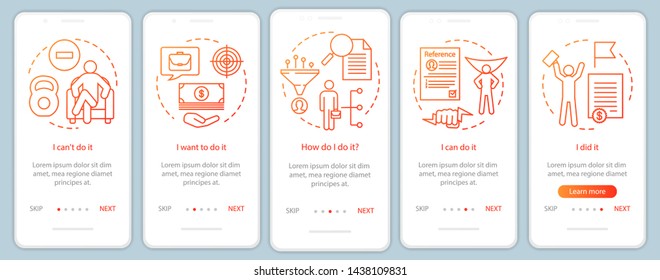 Motivation onboarding mobile app page screen with linear concepts. Goal achieving, problem solving. Getting job. Steps graphic instructions. UX, UI, GUI vector template with illustrations