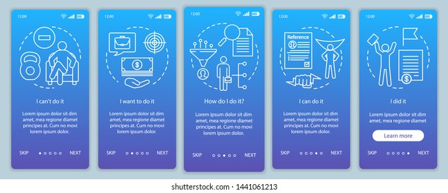 Motivation onboarding mobile app page screen with linear concepts. Goal achieving, problem solving. Getting job. Steps graphic instructions. UX, UI, GUI vector template with illustrations