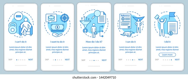 Motivation onboarding mobile app page screen with linear concepts. Goal achieving, problem solving. Getting job. Steps graphic instructions. UX, UI, GUI vector template with illustrations