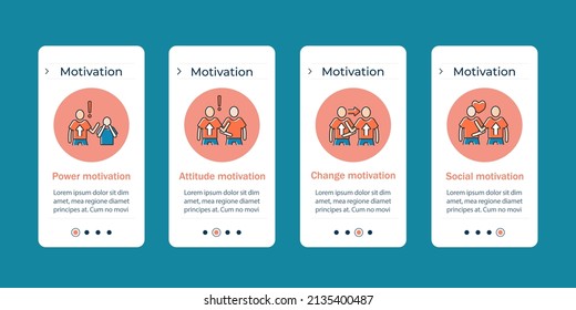 Motivation onboarding mobile app screens. Power, attitude, change, social motivation. Inspiration steps menu. Set of UI, UX, web template with RGB color linear icons