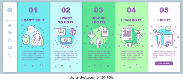 Motivation onboarding mobile web page template. Goal achieving, problem solving. Get job, skill improvement. Responsive smartphone website interface with linear icons. Webpage walkthrough step screens