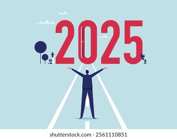 Motivation path concepts to success of business goals for 2025 year, businessman look at a future doorway for 2025 year