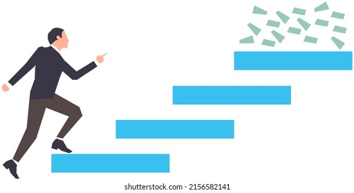 Motivation Personal Development, Businessman Moving Towards Profit, Effective Income. Strategy Management, Capital, Human, Leadership Concept. Man Walking Stairs Up To Success, Achievement With Money